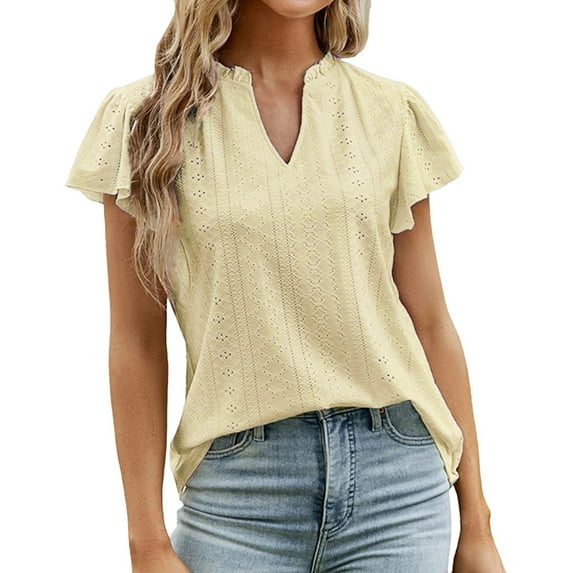KBZDBZC Womens Summer Tops Spring and Summer New Short Sleeve V Neck Shrink Pleated Solid Color Loose Tee Shirt Top Women’S Blouse Women's Tshirts Womens Shirts (Yellow,XXL)