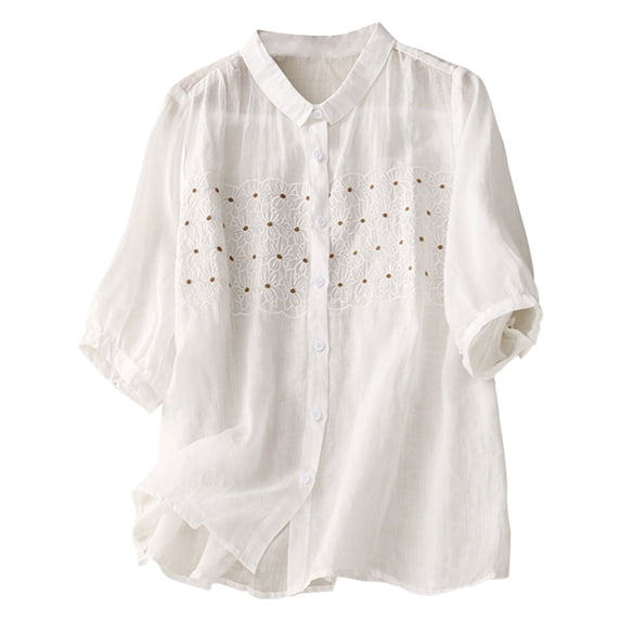 KBZDBZC Womens Summer Tops Vintage Floral Embroidery Long Sleeve Button Up Breathable Cotton Linen Shirt Women Blouses Women's Tshirt Womens Shirts (White,XL)