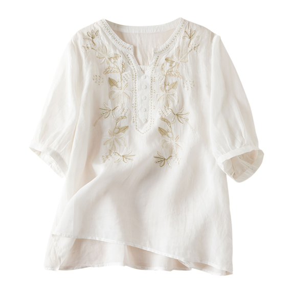 KBZDBZC Womens Summer Tops Vintage Floral Embroidery Long Sleeve Button Up Breathable Cotton Linen Shirt Women’S Blouse Women Shirts Womens Shirts (White,XL)