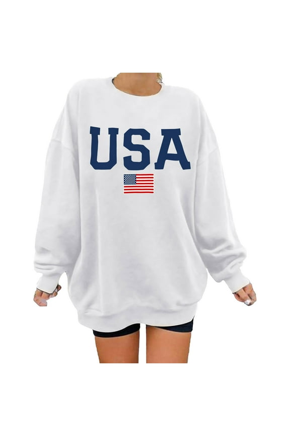 Womens Sweatshirt Oversized Usa Sweatshirt Women's Long Sleeve Casual Pullover Oversized Hoodie Shirt Sudaderas Para Mujer (White,L)