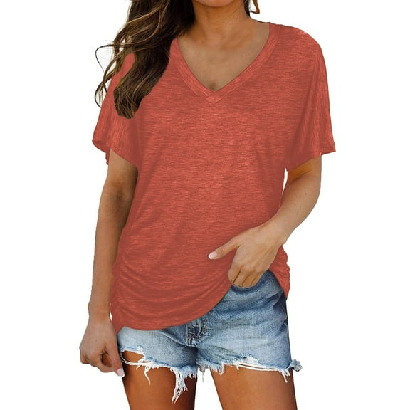 KBZDBZC Womens T Shirts Short Sleeves V Neck Plain Color Soft Loose Fitting Summer T Shirts Women Womens Blouses Women's T-Shirts (Orange,S)