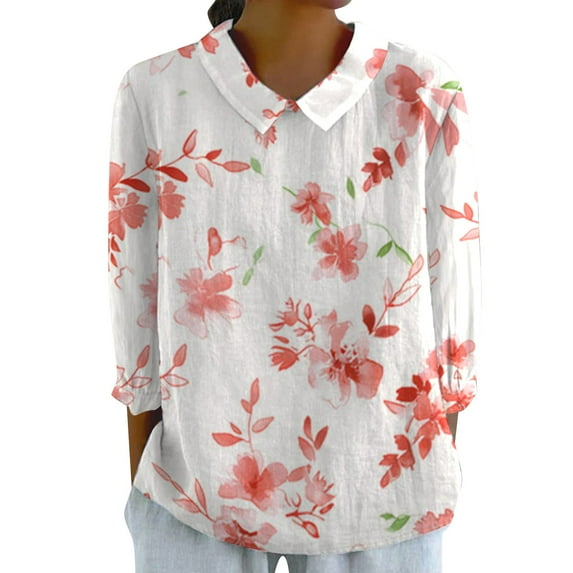 KBZDBZC Womens T Shirts Womens Summer Tops Lapel Retro Striped Back Button Loose Top Casual Cotton and Linen Shirt 3/4 Sleeve Shirt Women Blouses Womens Tops Blusa Mujer (Red,L)