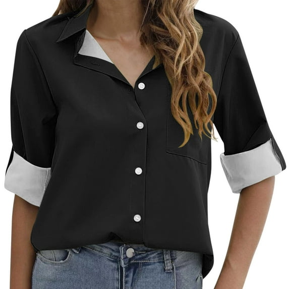KBZDBZC Womens Tops and Blouses Button Down Shirts for Women Loose V Neck Blouses Casual Roll Up Collared Tops With Pocket Blouses T-Shirt Women Womens Tee Shirts (Black,XXL)