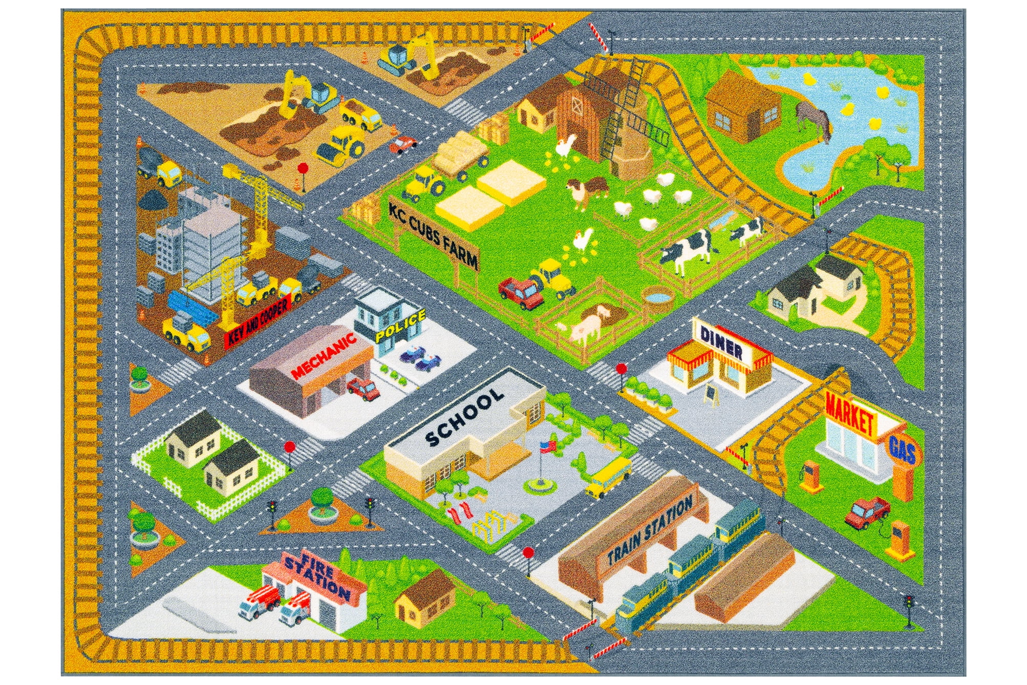 KC CUBS Playtime Collection Country Farm Road Map With Construction Site Educational Learning Area Rug Carpet For Kids and Children Bedroom and Playroom (5' 0" x 6' 6")