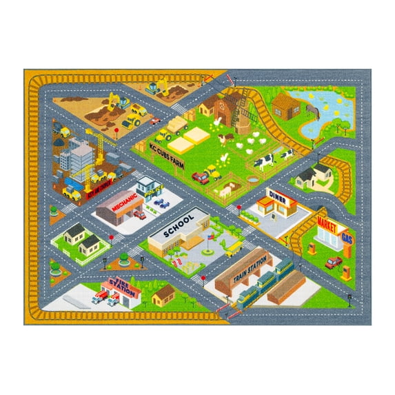KC CUBS Playtime Collection Country Farm Road Map With Construction Site Educational Learning Area Rug Carpet For Kids and Children Bedroom and Playroom (5' 0" x 6' 6")