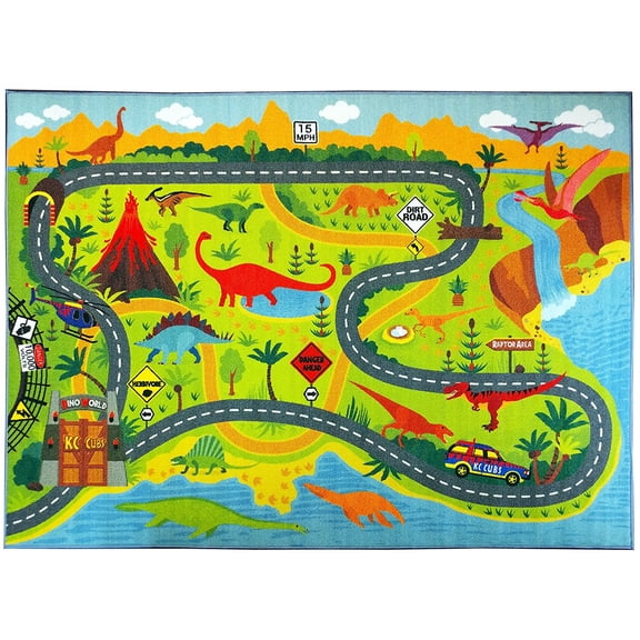 KC CUBS Playtime Collection Dinosaur Dino Safari Road Map Educational Learning Area Rug Carpet for Kids and Children Bedrooms and Playroom