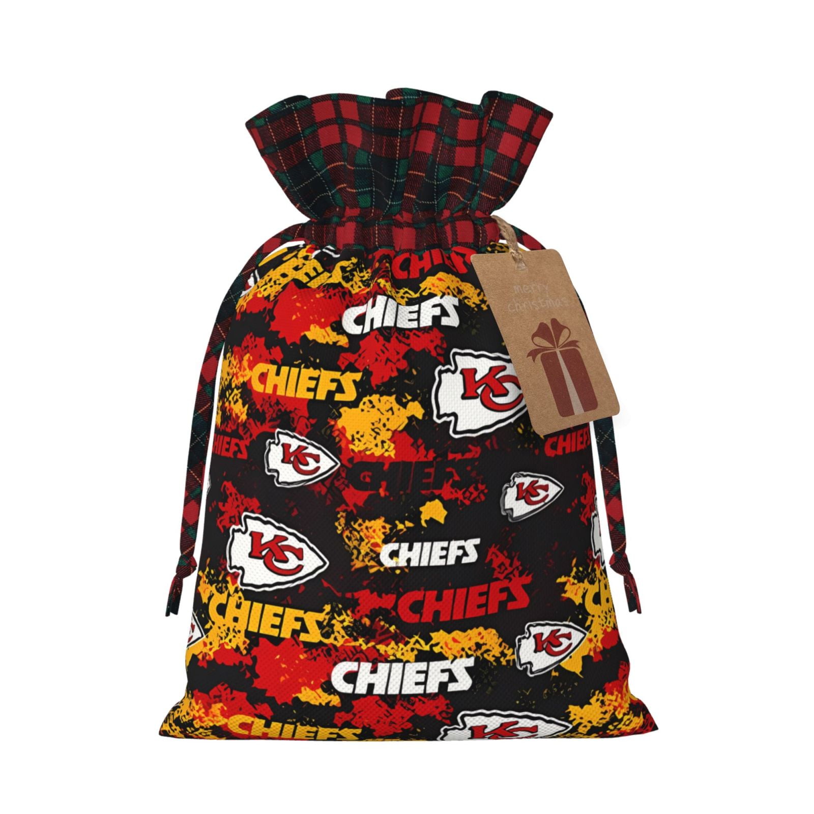 KC_Chiefss Christmas Gift Bag Football Team Colorblock Linen Drawstring ...