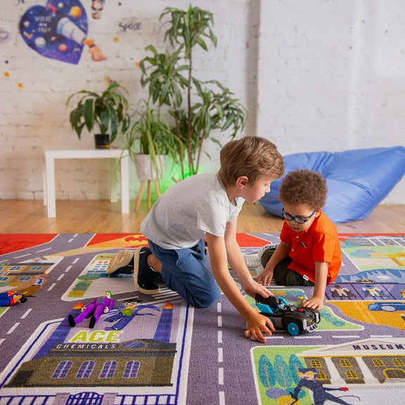 KC Cubs | Batman GOTHAM CITY™ Road Map Educational Learning & Game Area Rug Carpet for Kids and Children Bedrooms and Playroom