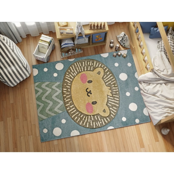 KC Cubs Boy & Girl Modern Decor Multicolor Area Rug and Carpet Collection for Kids, Toddlers and Baby Nursery, Animal Faces Blue Lion