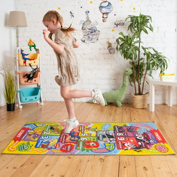 KC Cubs | DC Super Hero Girls Hopscotch Number Counting Activity Educational Learning & Fun Game Play Area Non-Slip Rug Carpet for Kids and Children Bedrooms, Classroom and Playroom