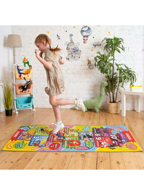 KC Cubs | DC Super Hero Girls Hopscotch Number Counting Activity Educational Learning & Fun Game Play Area Non-Slip Rug Carpet for Kids and Children Bedrooms, Classroom and Playroom