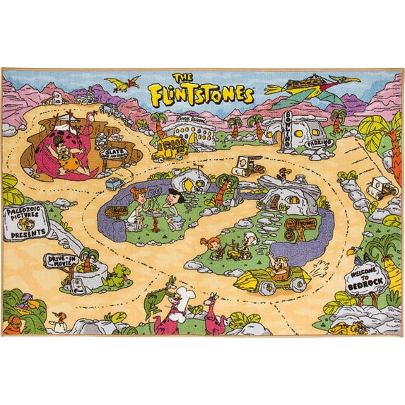 KC Cubs | Flintstones Bedrock Road Map Educational Learning & Game Area Rug Carpet for Kids and Children Bedrooms and Playroom