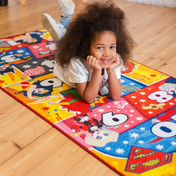 KC Cubs | Justice League Girls Hopscotch Number Counting Activity Educational Learning & Fun Game Play Area Non-Slip Rug Carpet for Kids and Children Bedrooms, Classroom and Playroom