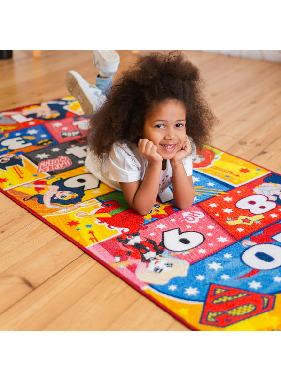 KC Cubs | Justice League Girls Hopscotch Number Counting Activity Educational Learning & Fun Game Play Area Non-Slip Rug Carpet for Kids and Children Bedrooms, Classroom and Playroom