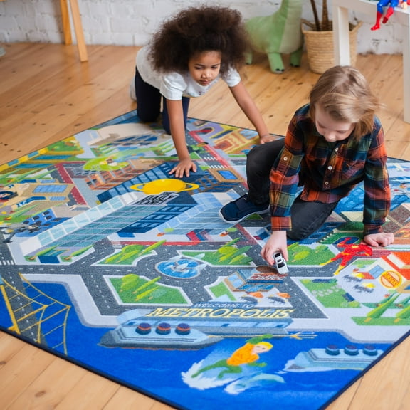KC Cubs | Justice League Metropolis City Road Traffic Map Educational Learning & Fun Game Area Car Non Slip Rug Carpet for Kids and Children Bedroom, Classroom and Playroom