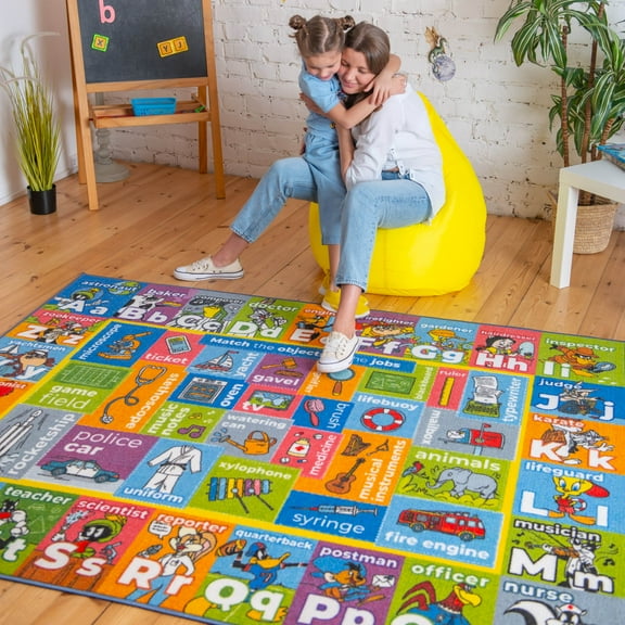 KC Cubs | Looney Tunes ABC Alphabet, Jobs & Objects Matching Educational Learning & Fun Game Area Non Slip Rug Carpet for Kids and Children Bedroom, Classroom and Playroom