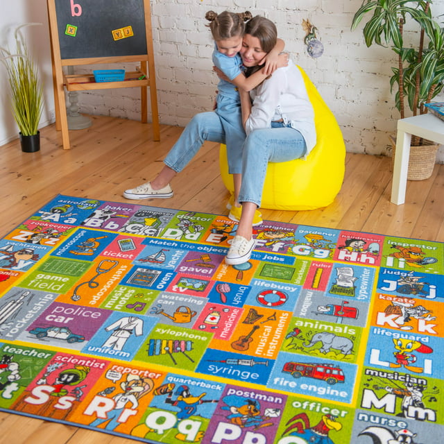 KC Cubs | Looney Tunes ABC Alphabet, Jobs & Objects Matching Educational Learning & Fun Game Area Non Slip Rug Carpet for Kids and Children Bedroom, Classroom and Playroom