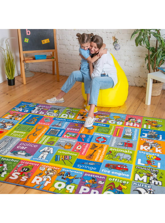 KC Cubs | Looney Tunes ABC Alphabet, Jobs & Objects Matching Educational Learning & Fun Game Area Non Slip Rug Carpet for Kids and Children Bedroom, Classroom and Playroom