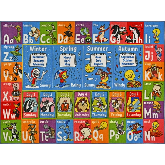 KC Cubs | Looney Tunes ABC Alphabet, Seasons, Months and Days of The Week Educational Learning & Game Area Rug Carpet for Kids and Children Bedrooms and Playroom