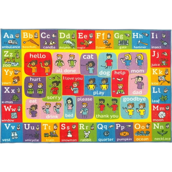 KC Cubs Playtime Collection ABC Alphabet ASL Sign Language Educational Learning Polypropylene Kids and Children Area Rug (5'0 x 6'6)