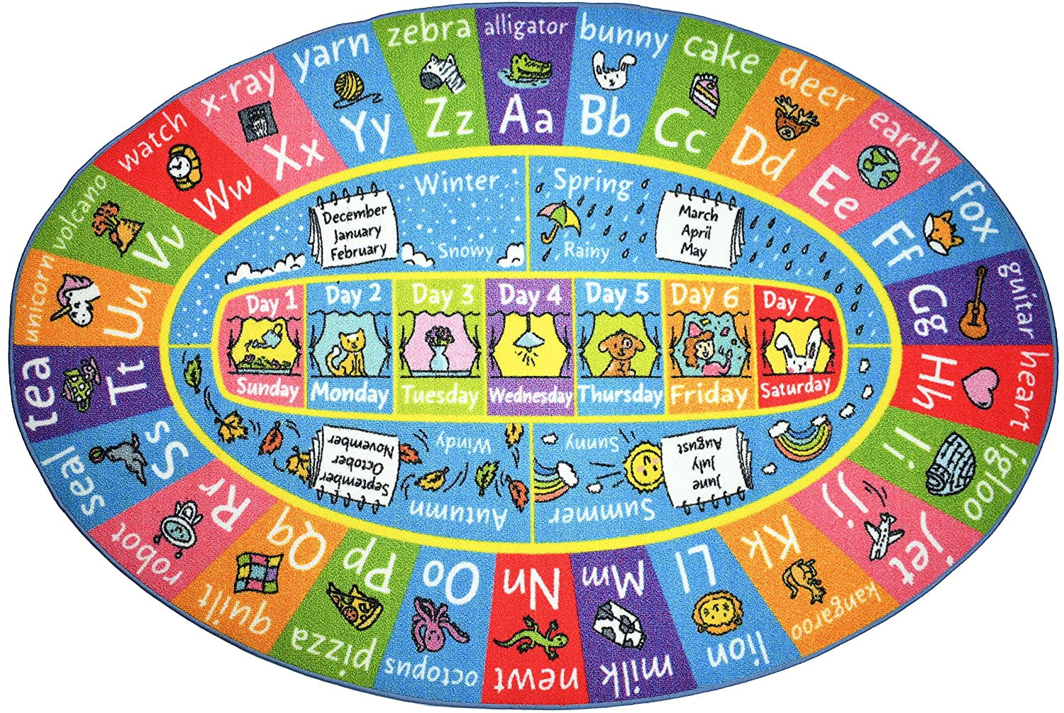 KC Cubs Playtime Collection ABC Alphabet, Seasons, Months and Days of The Week Educational Learning & Game Oval Area Rug Carpet for Kids and Children Bedrooms and Playroom