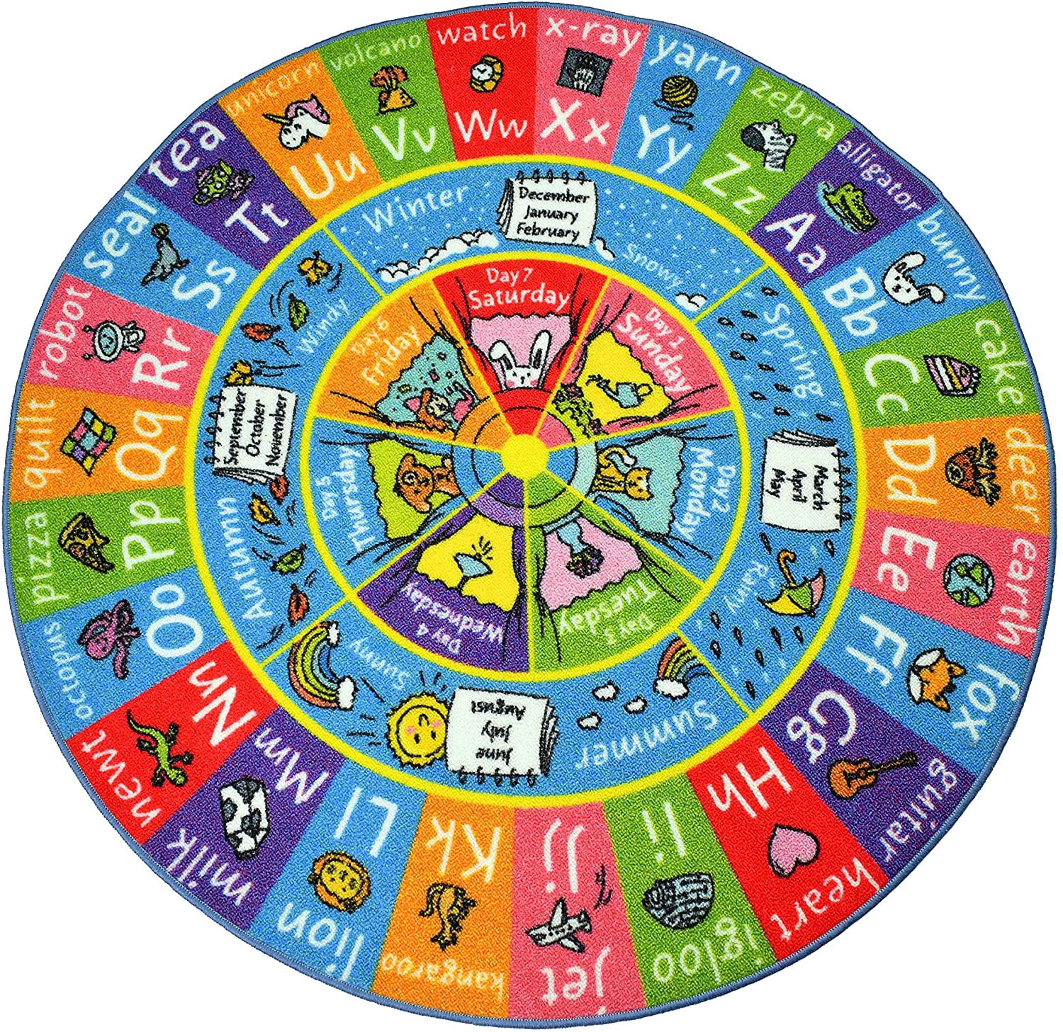KC Cubs Playtime Collection ABC Alphabet, Seasons, Months and Days of The Week Educational Learning & Game Round Circle Area Rug Carpet for Kids and Children Bedrooms and Playroom