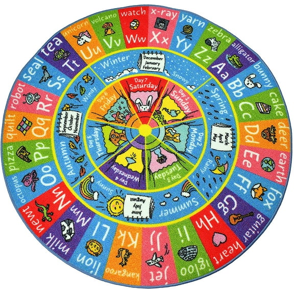 KC Cubs Playtime Collection ABC Alphabet, Seasons, Months and Days of The Week Educational Learning & Game Round Circle Area Rug Carpet for Kids and Children Bedrooms and Playroom