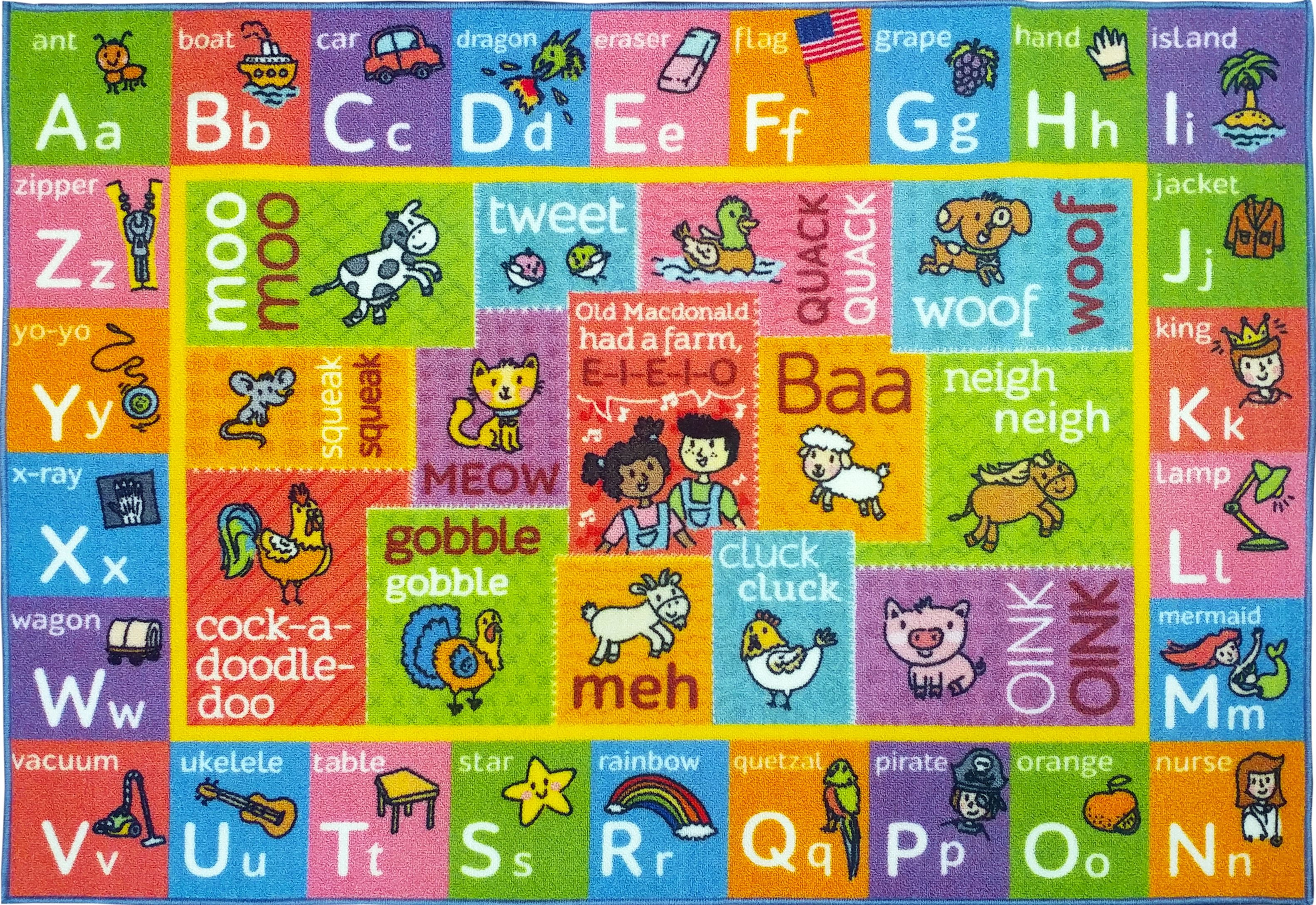KC Cubs Playtime Collection ABC Alphabet with Old McDonald's Animals Educational Learning Polypropylene Kids and Children Area Rug (8'2" x 9'10")