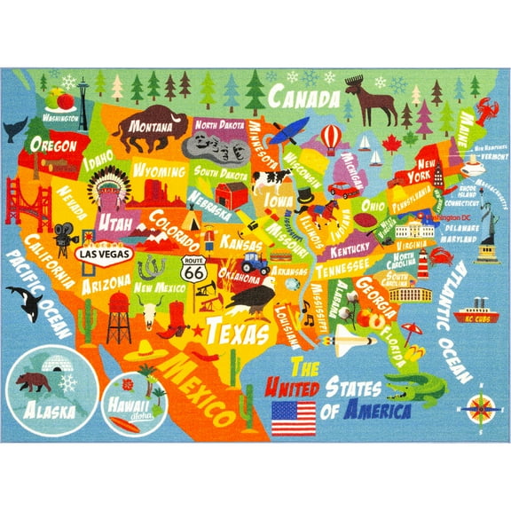 KC Cubs: Educational Rug: USA Map - 5x7' Playmat - Interactive Geography Play, United States Activity Area Carpet, Bedroom-Classroom, Baby-Toddler-Kid