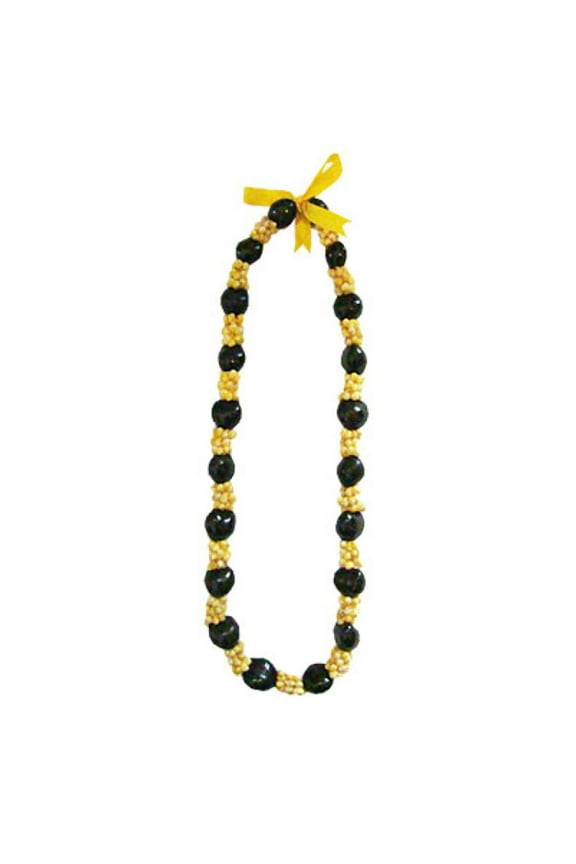 28 Inch Black Kukui Nut Lei with Yellow Mongo Shells