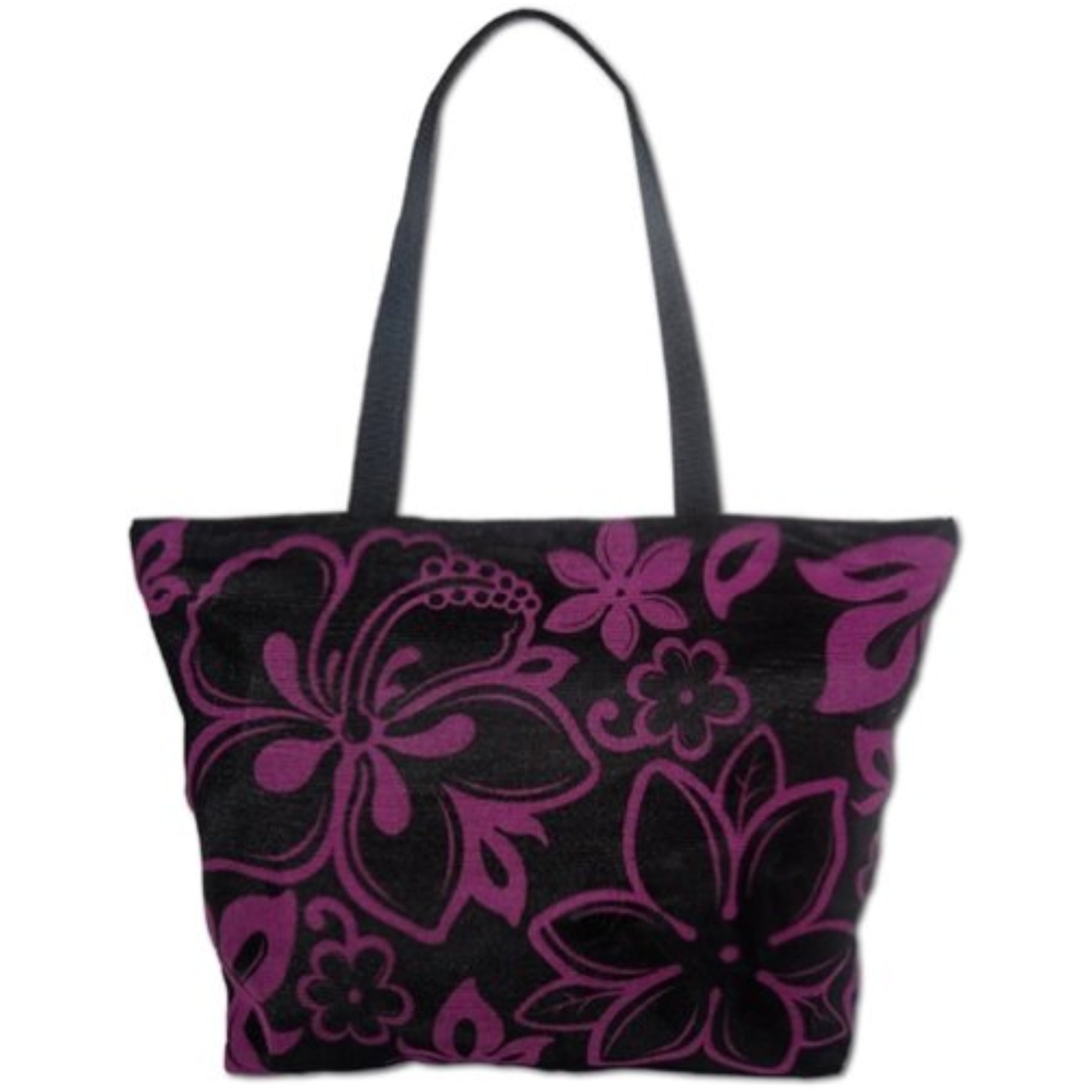 KC Hawaii Women's Mesh Beach Tote Handbag Hibiscus Plumeria Black, Purple