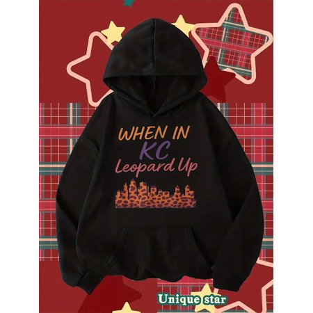 When In KC Leopard Up Kansas City Hoodie - Iconic KC Skyline & Leopard Print Pullover With Logo Design, Cotton Blend Unisex Sweatshirt For Men & Women, Game Day & Casual Wear, Black Hooded Sweater Wi