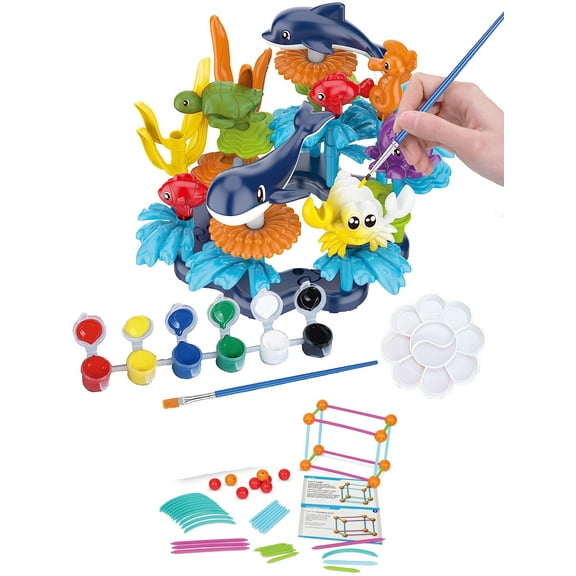 KC Republic 37 Pcs Water Washable Painting & Building Toy Set + 58 pcs Learning STEM Explorers Geomakers for Toddlers and Kids Age 3+ Boys and Girls Stacking Reef Garden Building STEM Toy