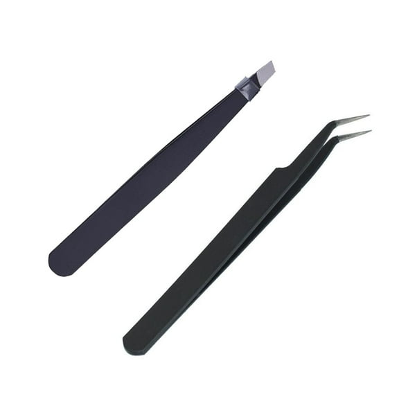 KC Republic Black Curved and Wide Straight Professional Tweezer Set - 2 Tweezers Great For Eyebrow, Eyelash, Facial, Ear, Nose & Ingrown Hair Remover Treatment. Make Perfect Eyebrow Shapes