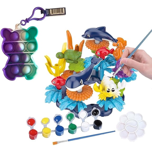 KC Republic Ocean Reef Sea Creatures 37pcs Water Washable Painting & Building Toy Set, Children's Activity Art Kit, Paint Your Own Buildable Ocean Reef Toy with Free Stress Reducing Keychain Gift