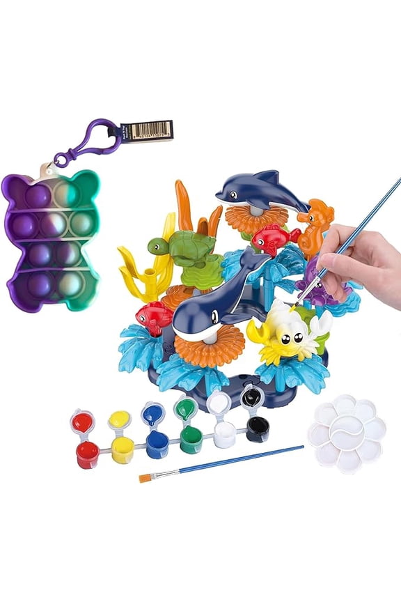 Ocean Reef Sea Creatures 37pcs Water Washable Painting & Building Toy Set, Children's Activity Art Kit, Paint Your Own Buildable Ocean Reef Toy with Free Stress Reducing Keychain Gift