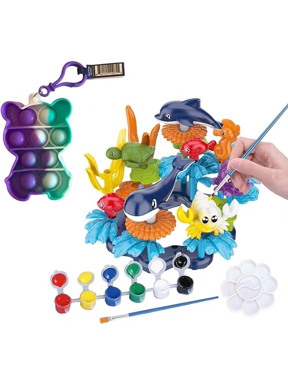 Ocean Reef Sea Creatures 37pcs Water Washable Painting & Building Toy Set, Children's Activity Art Kit, Paint Your Own Buildable Ocean Reef Toy with Free Stress Reducing Keychain Gift