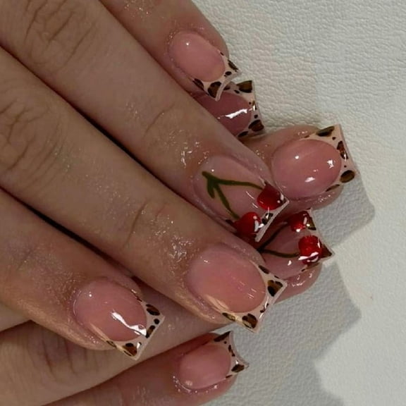 KCAHPAN 24 Pcs French Tip Press On Nail Leopard Print False Nail Fruit Acrylic Nail Simple Full Cover Stick On Nail for Woman