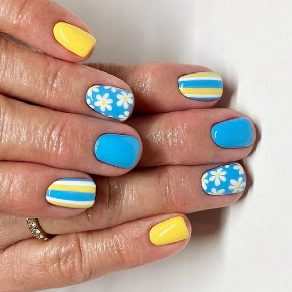 KCAHPAN 24 Pcs Lovely Flowers False Nail Solid Color Artificial Nail Simple Full Cover Stick on Nail Short Square Press On Nail