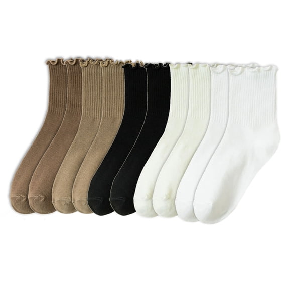 KCAHPAN 5 Pairs Ribbed Knitted Ruffle Crew Socks for Women and Girls Elastic Cuffs Casual Frilly Dress Socks Comfort Footwear