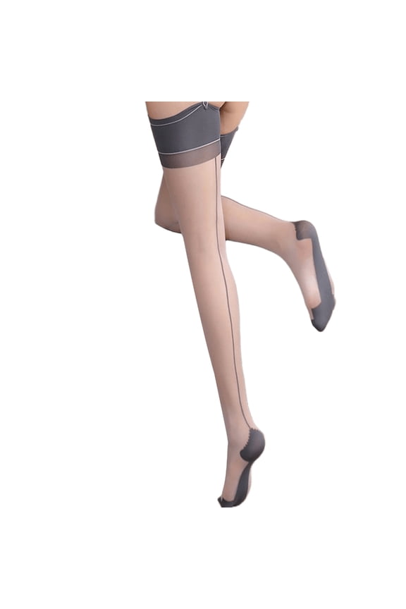 Contrast Top Cuban Heel Backseam Sheer Stockings Back Seam Thigh High Stockings