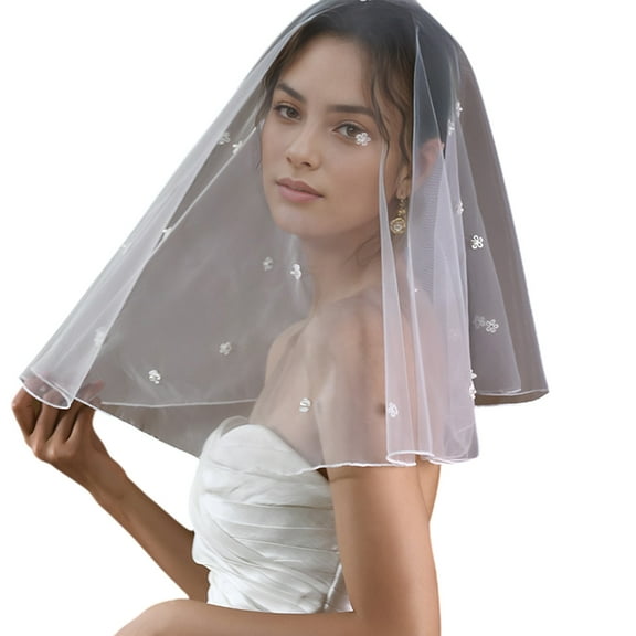 KCAHPAN Romantical Short Tulle Bridal Veil Beadwork Flower Short Veil For Bride Weddings