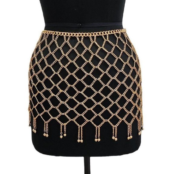 KCAHPAN Hollow Mesh Body Chain Skirt Shimmering Gold/Silver Body Chain Dress Accessory for Women’s Party and Beachwear