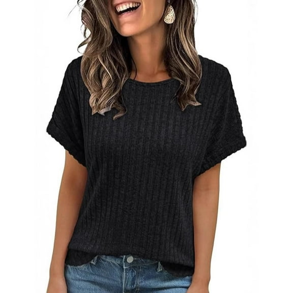 KCAHPAN Womens Short Sleeve Sweaters Tops Ribbed Knit Crewneck Summer Pullover Blouse