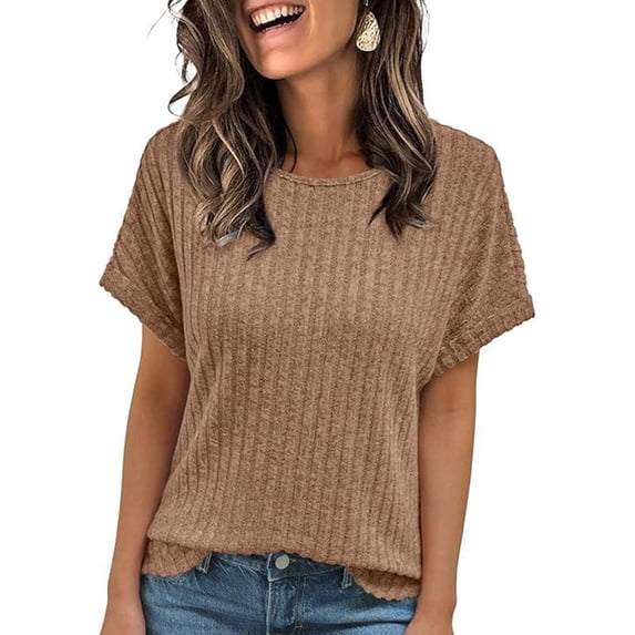 KCAHPAN Womens Short Sleeve Sweaters Tops Ribbed Knit Crewneck Summer Pullover Blouse