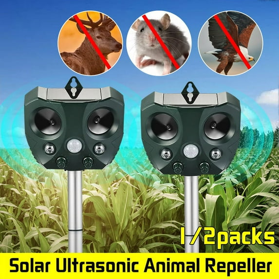 KCASA 2Pcs Ultrasonic Animal Repeller, Solar Ultrasonic Pest Repeller Animal Control Bird Dog Cat Deterrent Repeller Insect Repellent for Garden Patio with PIR Sensor Flash Light