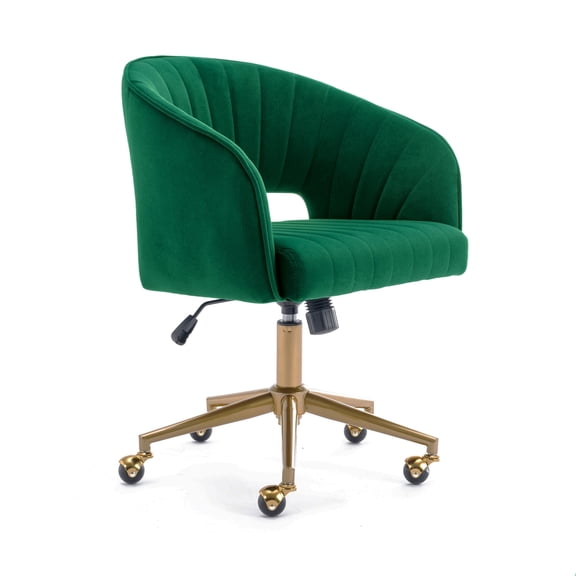 KCC Velvet Office Chair for Women, Swivel Vanity Desk Chair with Gold Base and Wheels, Adjustable Upholstered Chair for Bedroom, Makeup Room and Home Office(Green)