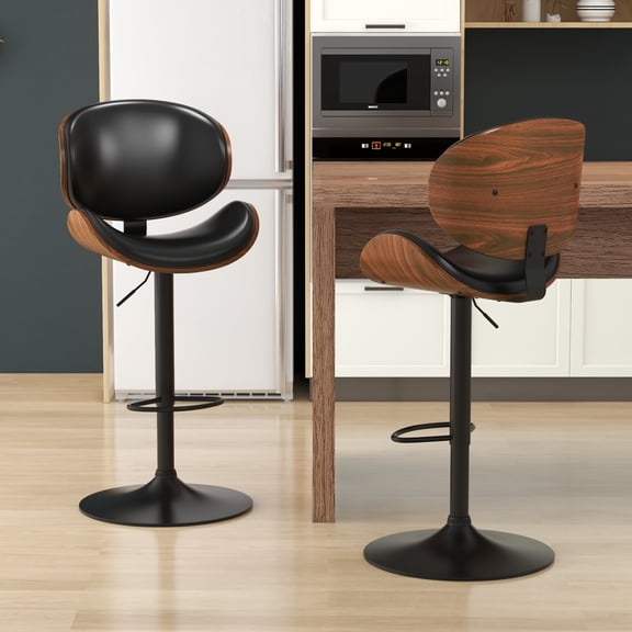 KCC Mid Century Modern Bar Stools Set of 2, Adjustable Swivel Counter Height Bar Chairs with Bentwood Back, PU Leather Upholstered Kitchen Island Stools with Footrest(Black PU)