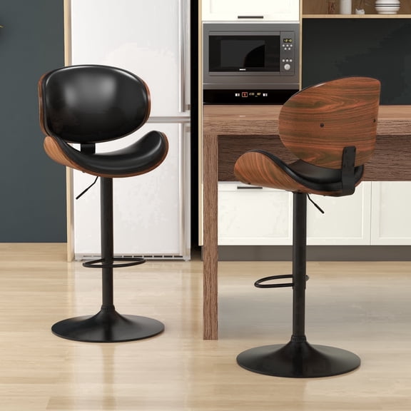 KCC Adjustable Swivel Bar Stools Set of 2, Bentwood PU Leather with Footrest for Kitchen Island, Counter, Home Bar, Dining Room, Café Pub, Black