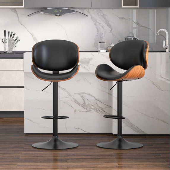 KCC Bentwood Counter Height Bar Stools Set of 2, 360° Swivel Height‑Adjustable PU Leather Bar Chairs with Metal Frame for Kitchen Island, Home Bar, Café Pub, Black